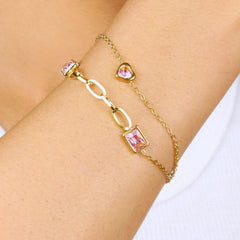 Pink Diamond Heart Double Chain Bracelet - Rukhmani