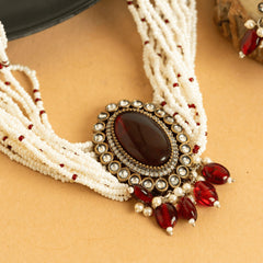 Red Stone Pearl Choker with Earrings - Rukhmani