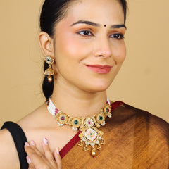 Minakari Jajwadi Necklace With Pearl and Earrings