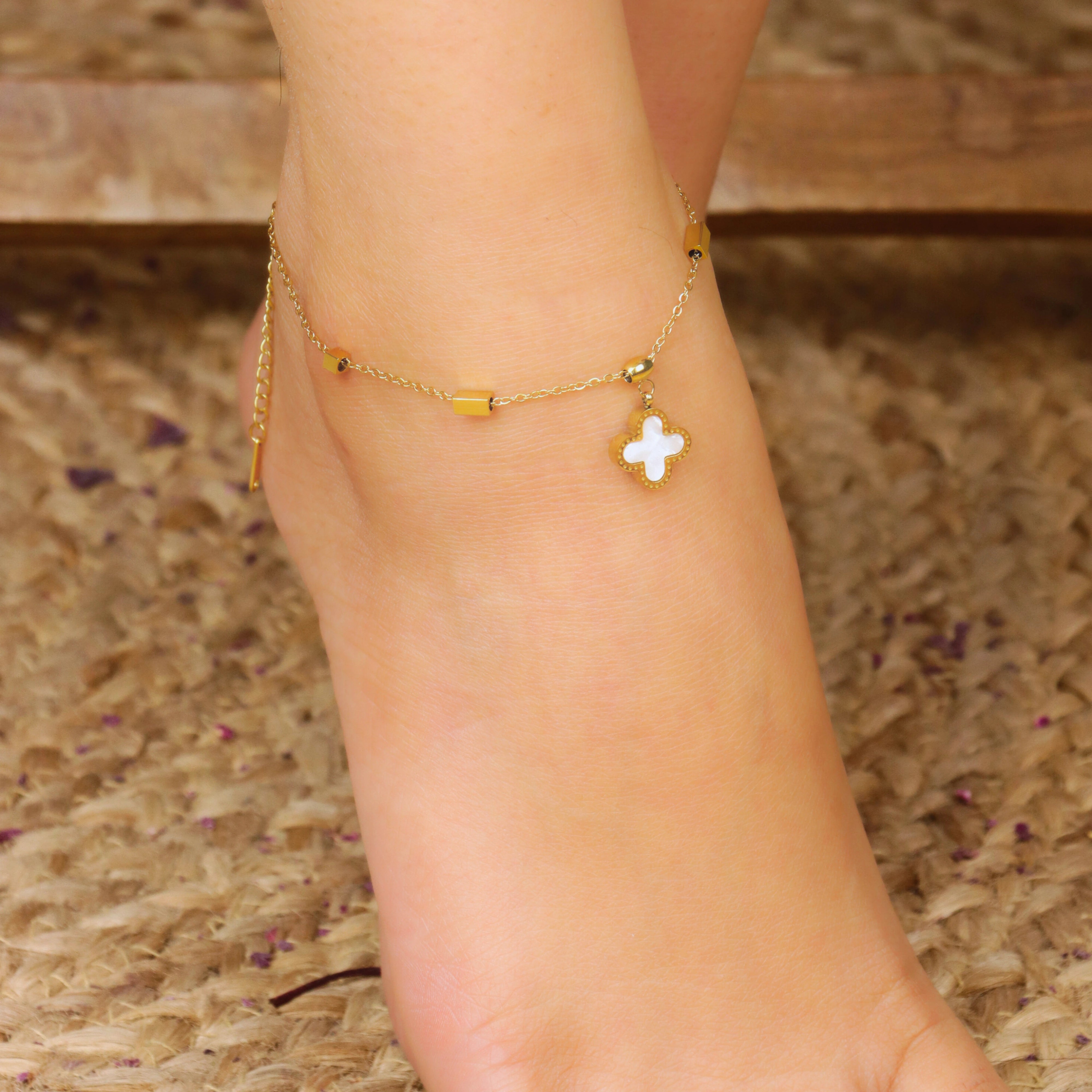 Gold Plated Mother Of Pearl with Charm and Mirror Chain Anklet - Rukhmani