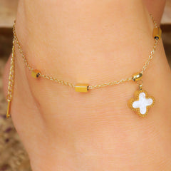 Gold Plated Mother Of Pearl with Charm and Mirror Chain Anklet - Rukhmani