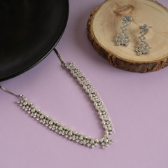 Set of silver plated unique diamond necklace and earring