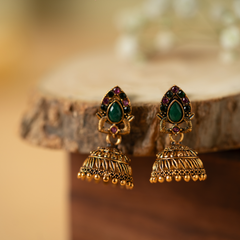 Gold plated green & pink antique jhumka