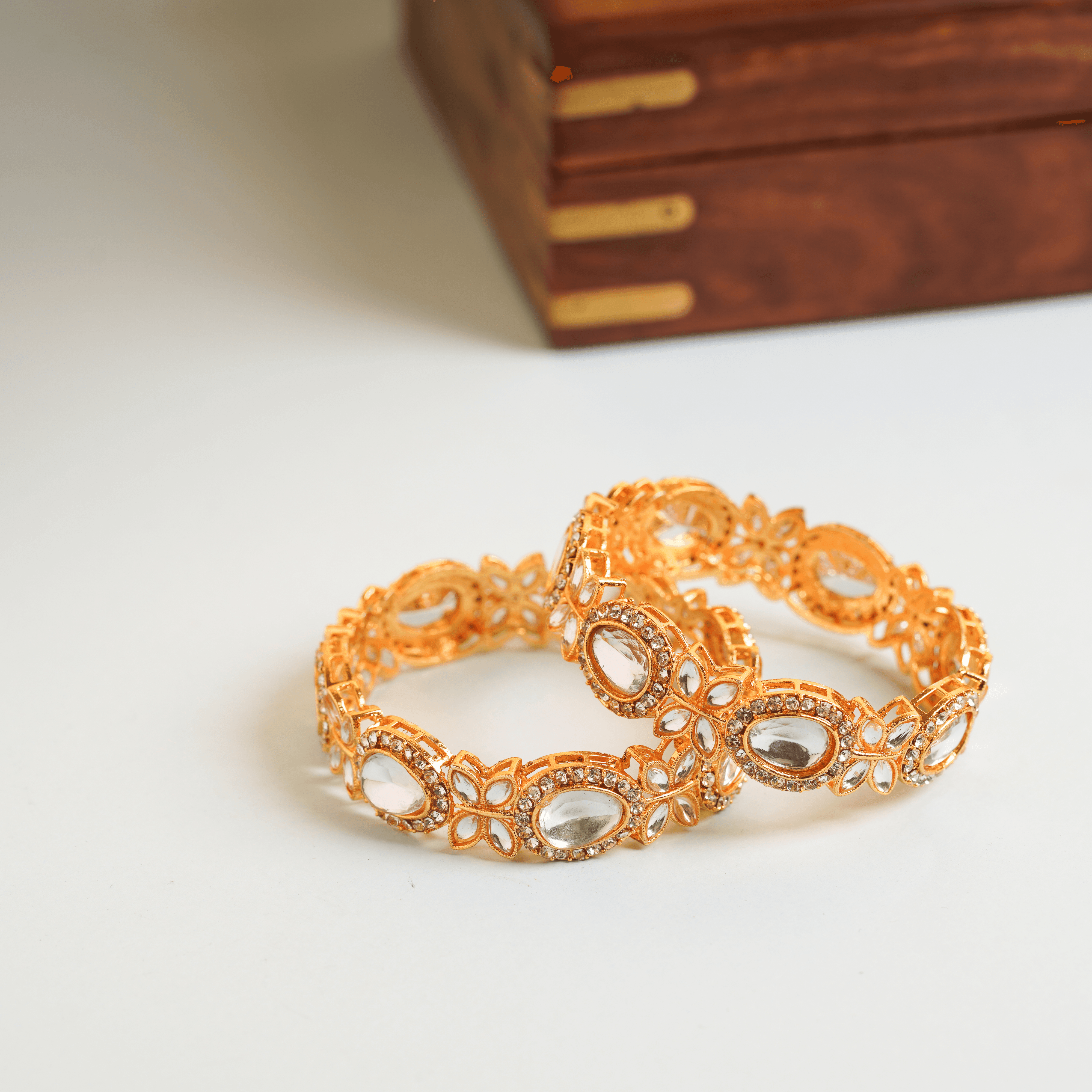 Clear White Drop Diamond with Crystals Gold Plated Bangles - Rukhmani