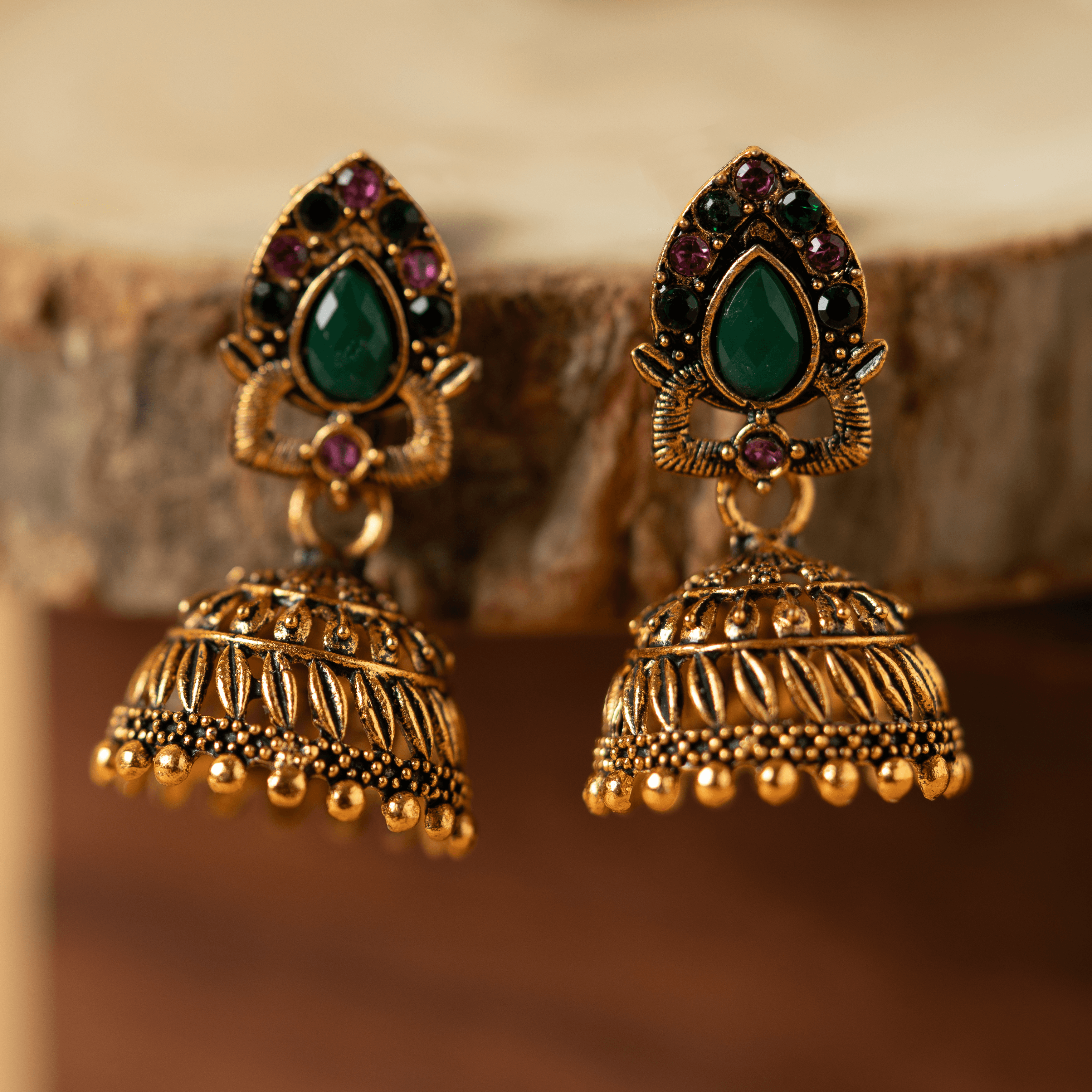 Gold plated green & pink antique jhumka - Rukhmani