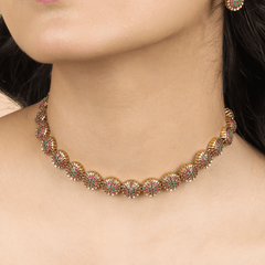 Colored Stone South Indian Necklace with Earrings - Rukhmani