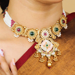 Minakari Jajwadi Necklace With Pearl and Earrings