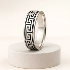 925 Sterling Silver Rhodium Plated Greek Pattern Band Ring for Men