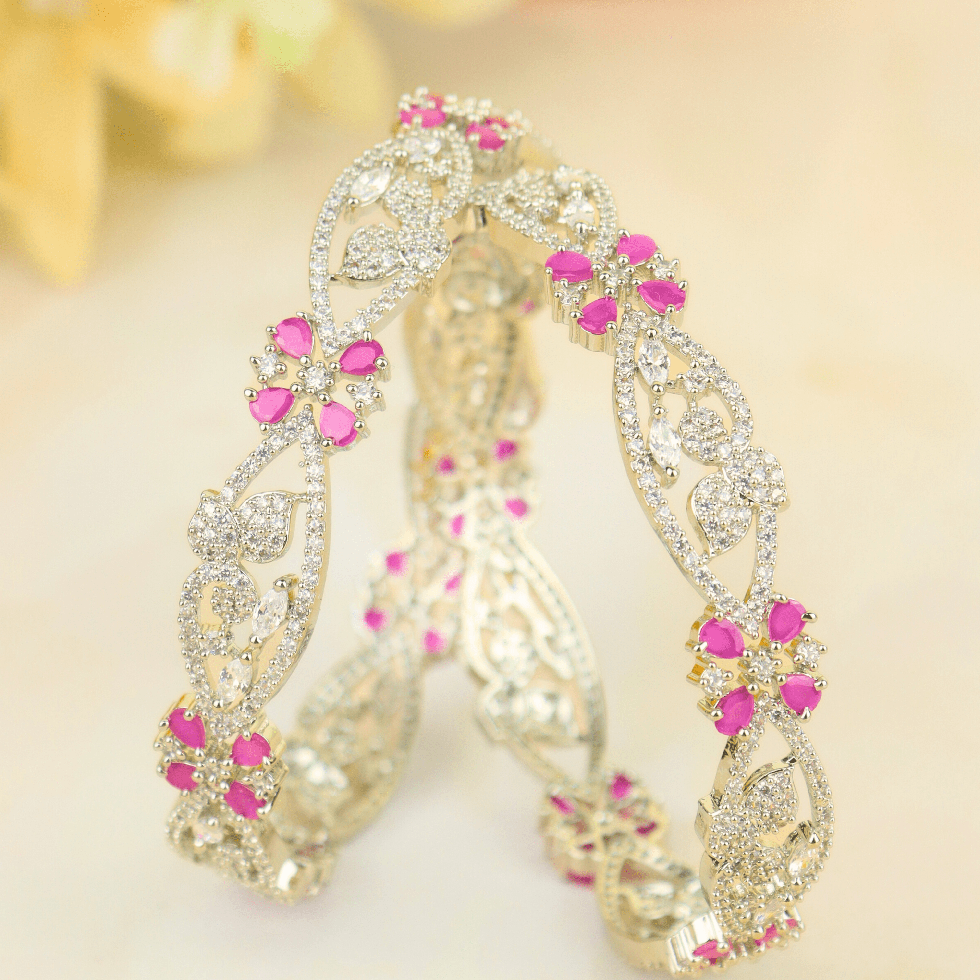 Latest Fancy Design Pink Blossom American Diamond Bangles - Rukhmani