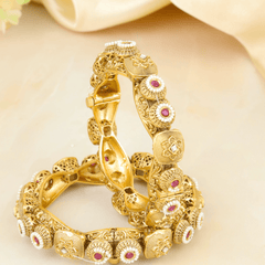 Fancy Design Rajwadi Rang Red Stone Gold Plated Rajwadi Bangles - Rukhmani