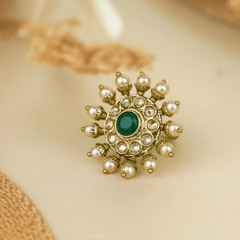 Kundan Green Stone with Pearl Ring - Rukhmani