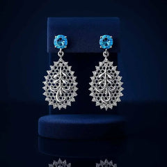 925 Sterling Silver Drop Earrings with Blue Stone and Filigree Leaf Design|Rhodium Plated