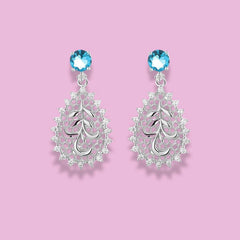 925 Sterling Silver Drop Earrings with Blue Stone and Filigree Leaf Design|Rhodium Plated