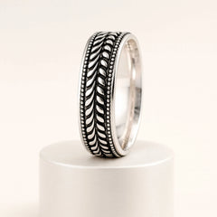 925 Sterling Silver Rhodium Plated Leaf Pattern Band Ring for Men