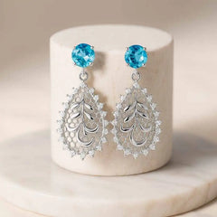 925 Sterling Silver Drop Earrings with Blue Stone and Filigree Leaf Design|Rhodium Plated