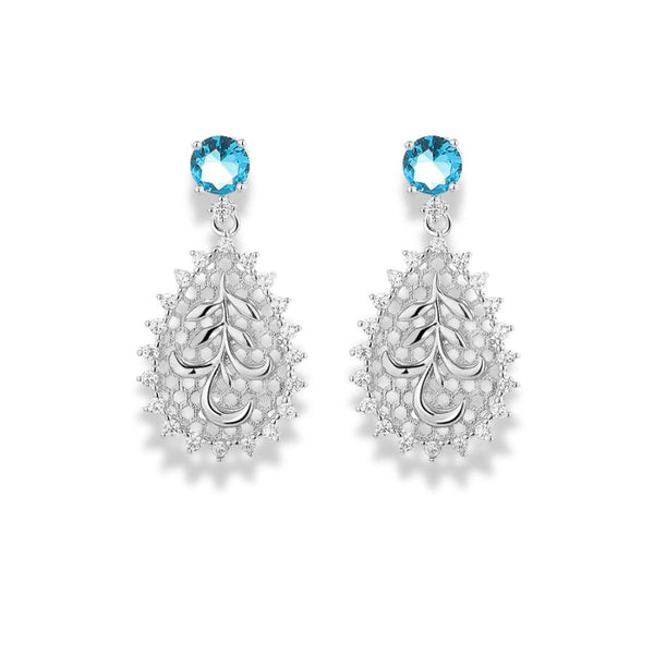 925 Sterling Silver Drop Earrings with Blue Stone and Filigree Leaf Design|Rhodium Plated