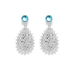 925 Sterling Silver Drop Earrings with Blue Stone and Filigree Leaf Design|Rhodium Plated