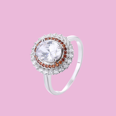 925 Sterling Silver Dual Halo Ring with Brown and White CZ Stones