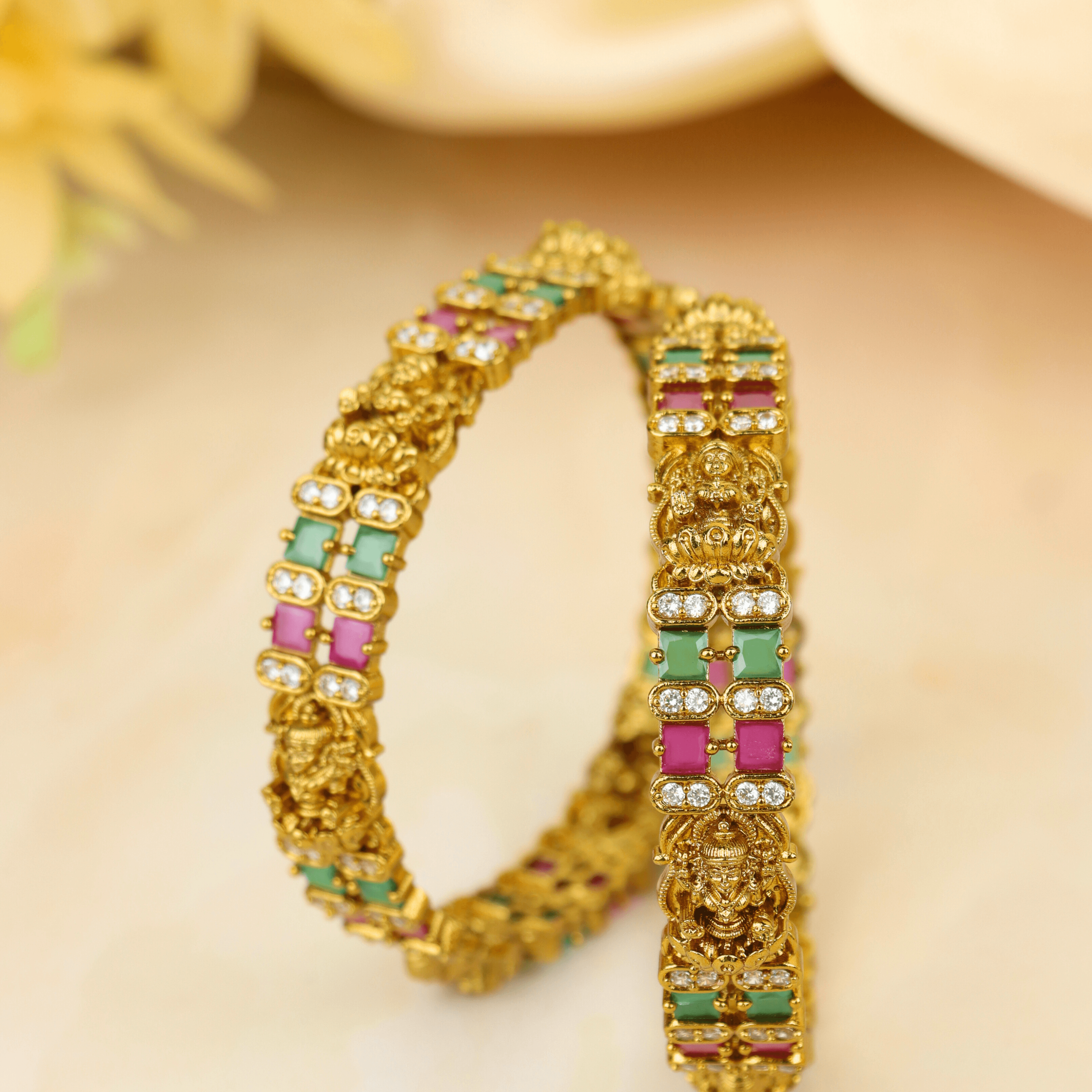 Trending Design Devi Ratna Gold Plated Bangles with Red and Green Stones - Rukhmani