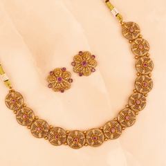 Royal South Indian Red Stone Necklace with Earrings - Rukhmani