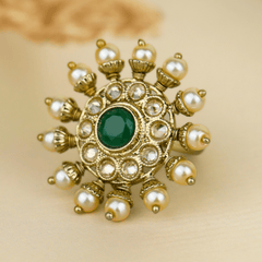 Kundan Green Stone with Pearl Ring - Rukhmani