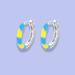 925 Sterling Silver Huggie Hoop Earrings with Yellow and Blue Enamel|Rhodium Plated