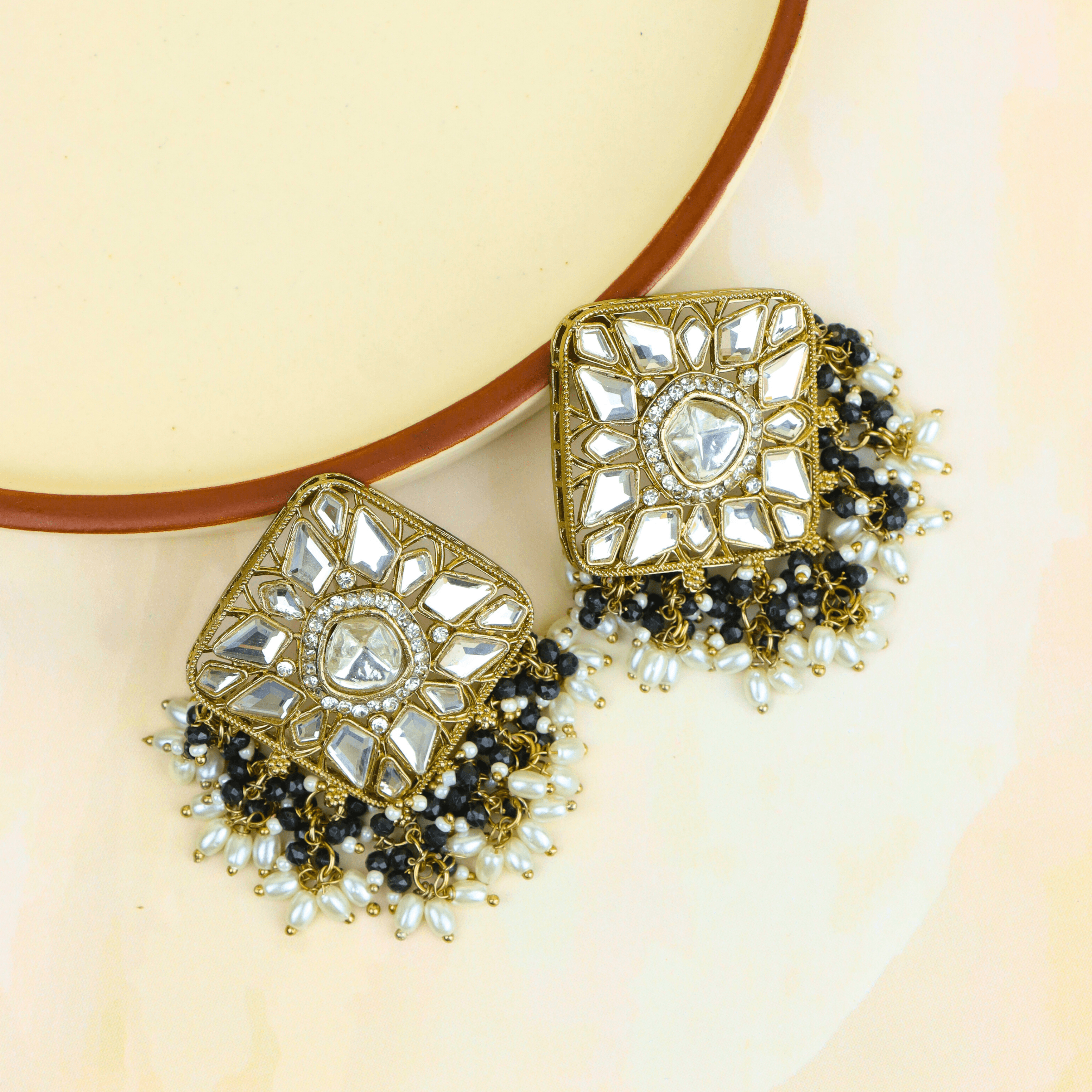 Trending Design Square Polki Beautiful Jhumkas With Hanging Black Beads - Rukhmani