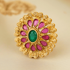 Gold Plated Green Stone Flower Rajwadi Rings - Rukhmani