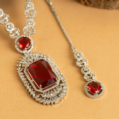 Long Flux Ruby Diamond Necklace Set With Bindiya and Earrings