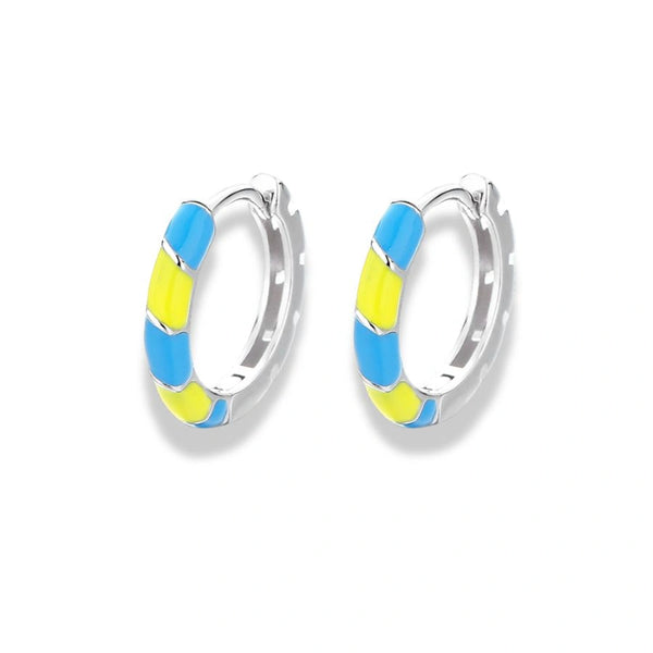 925 Sterling Silver Huggie Hoop Earrings with Yellow and Blue Enamel|Rhodium Plated