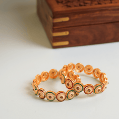 Fancy Gold Plated Red and Green Color White Stone Small Temple Bangles - Rukhmani