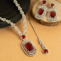 Long Flux Ruby Diamond Necklace Set With Bindiya and Earrings