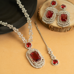 Long Flux Ruby Diamond Necklace Set With Bindiya and Earrings