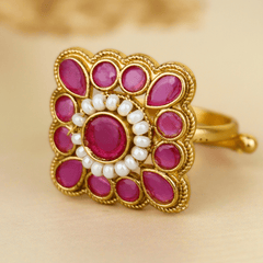 Beautiful Design Gold Plated Square Pink Stone Rajwadi Ring - Rukhmani