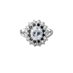 925 Sterling Silver Royal Halo Oval Ring with Black & White Stones