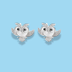 925 Sterling Silver Owl Stud Earrings – Rhodium Plated with Cubic Zirconia