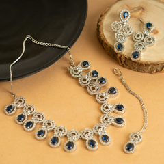 Alloy Steel Blue American Diamond Drop Necklace Set With Earrings