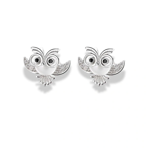 925 Sterling Silver Owl Stud Earrings – Rhodium Plated with Cubic Zirconia