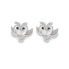 925 Sterling Silver Owl Stud Earrings – Rhodium Plated with Cubic Zirconia