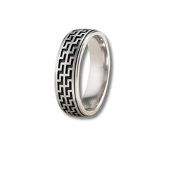 925 Sterling Silver Men’s Ring | Rhodium Plated Geometric Pattern Band