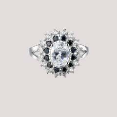 925 Sterling Silver Royal Halo Oval Ring with Black & White Stones