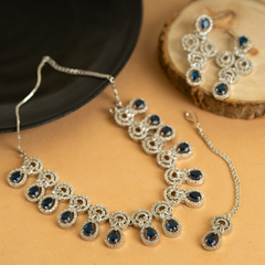 Alloy Steel Blue American Diamond Drop Necklace Set With Earrings