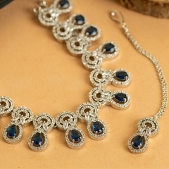 Alloy Steel Blue American Diamond Drop Necklace Set With Earrings