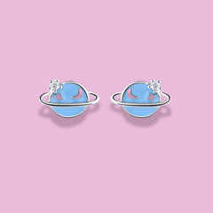 925 Sterling Silver Blue Planet Stud Earrings | Rhodium Plated with Enamel and CZ