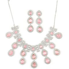 Pastel Pink American Drop Diamond Necklace Set - Rukhmani