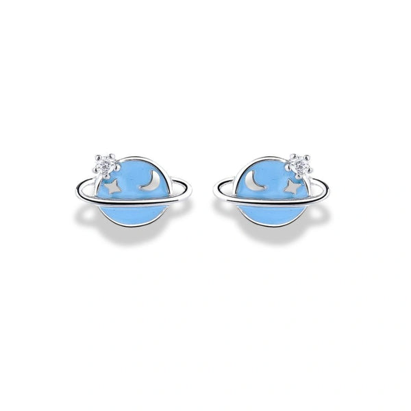 925 Sterling Silver Blue Planet Stud Earrings | Rhodium Plated with Enamel and CZ