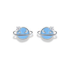 925 Sterling Silver Blue Planet Stud Earrings | Rhodium Plated with Enamel and CZ
