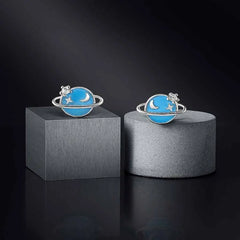 925 Sterling Silver Blue Planet Stud Earrings | Rhodium Plated with Enamel and CZ