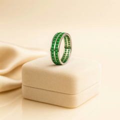 925 Sterling Silver Men’s Ring with Green Emerald-Cut Stones | Double Row Band, Rhodium Plated