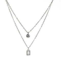 Trendy Silver Plated Double Layer Unique Design Diamond Pendant Necklace